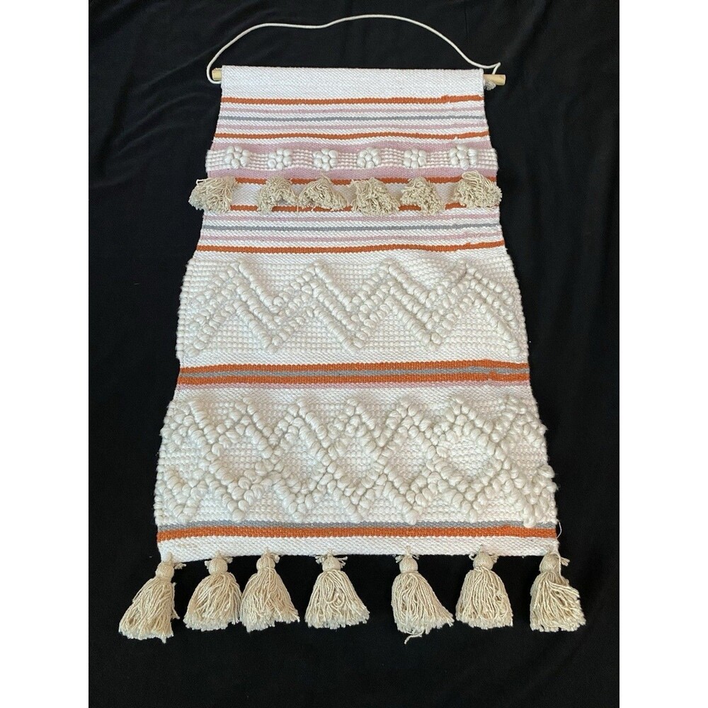 Large BOHO Macrame Wool Wall Hanging Woven Pink Rust Off White Tapestry 33” X 18